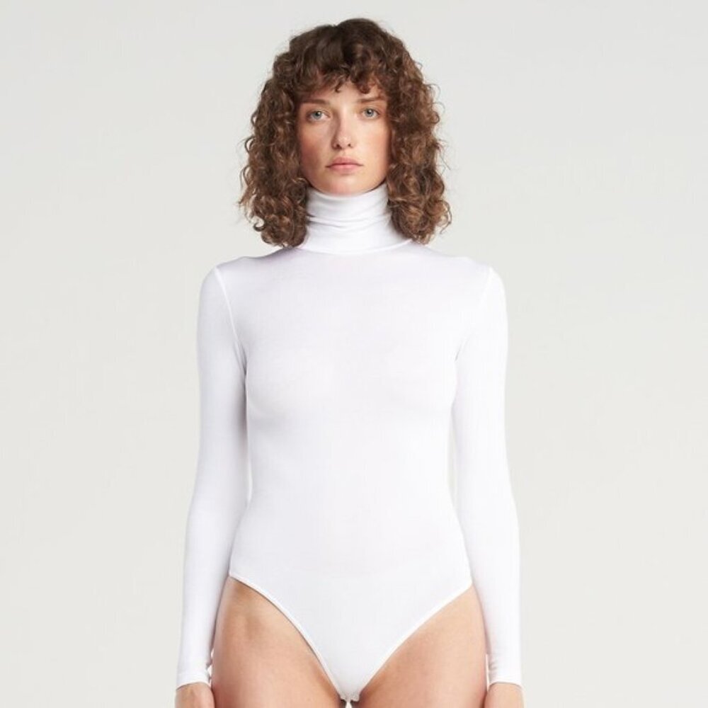 Wolford White Colorado Turtleneck Long Sleeve String Bodysuit - Small